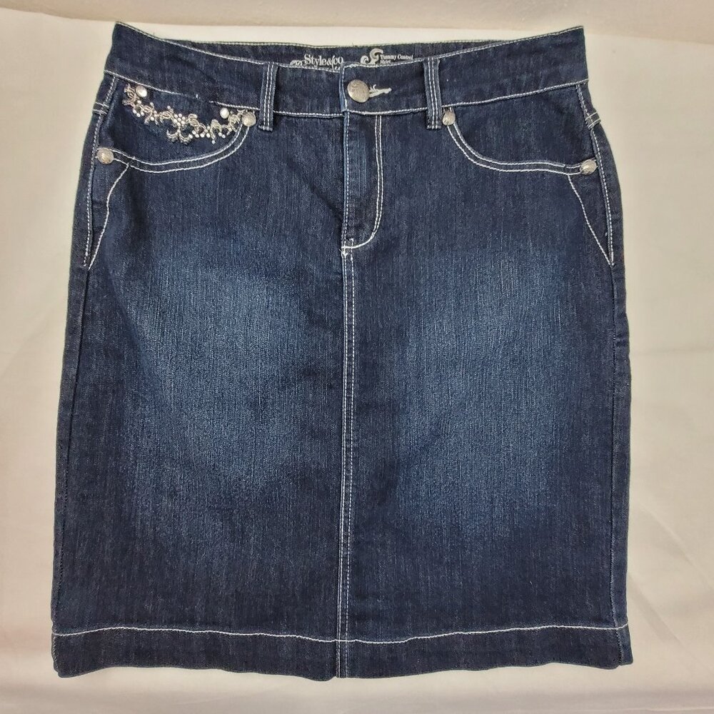 Style & Co Tummy Control Skirt Women's 8 Blue Jean Stretch Denim Pockets Bling